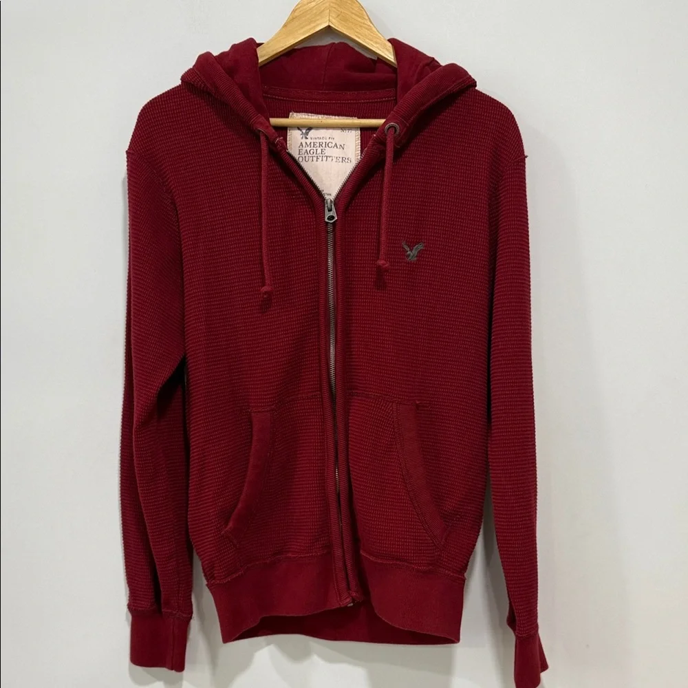 American Eagle Outfitters Mens Full Zip Thermal Hoodie Red Sweatshirt Y2K Size S